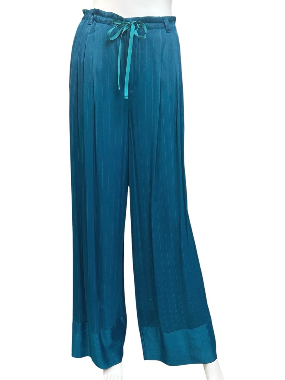 Anthropologie elevenses Satin Teal Wide-Leg Pleated Drawstring Pants Size 4